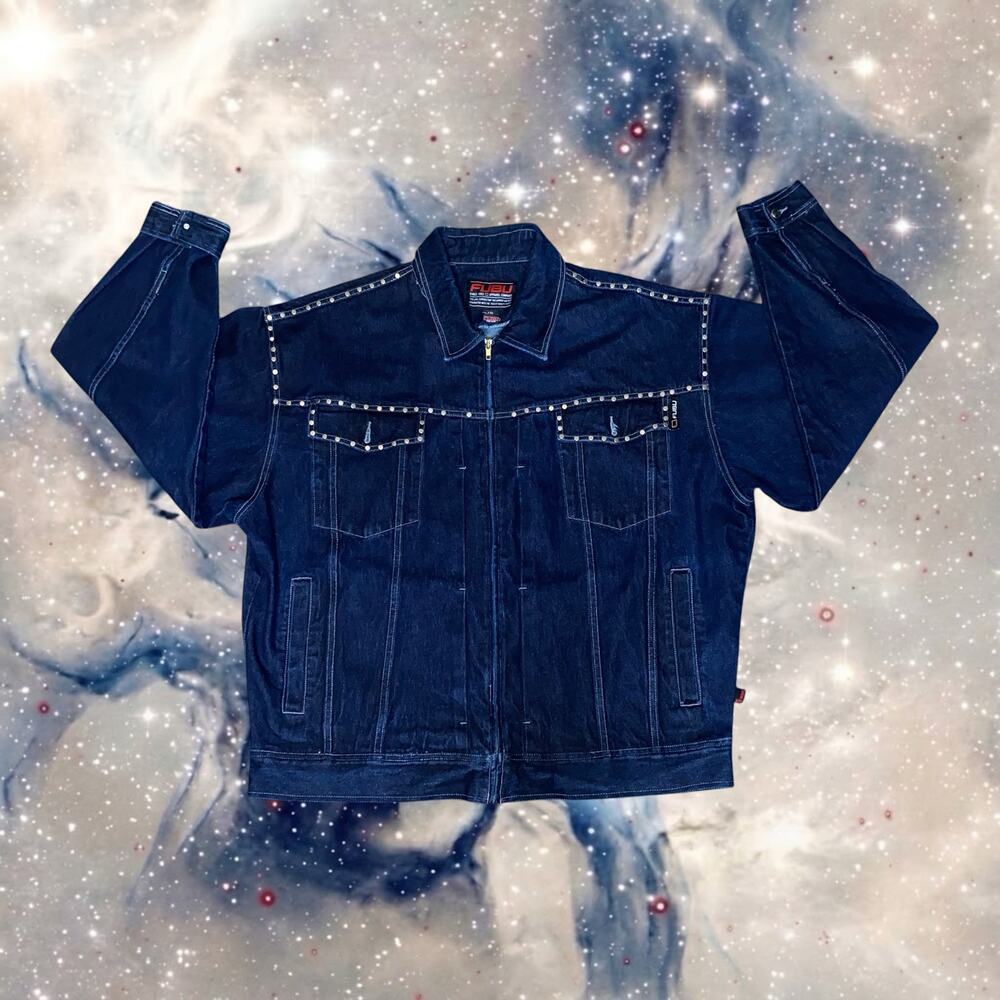 Vintage 90s Y2K FUBU Studded Dark Wash Denim Jacket Mens XXL Streetwear Rare⁠